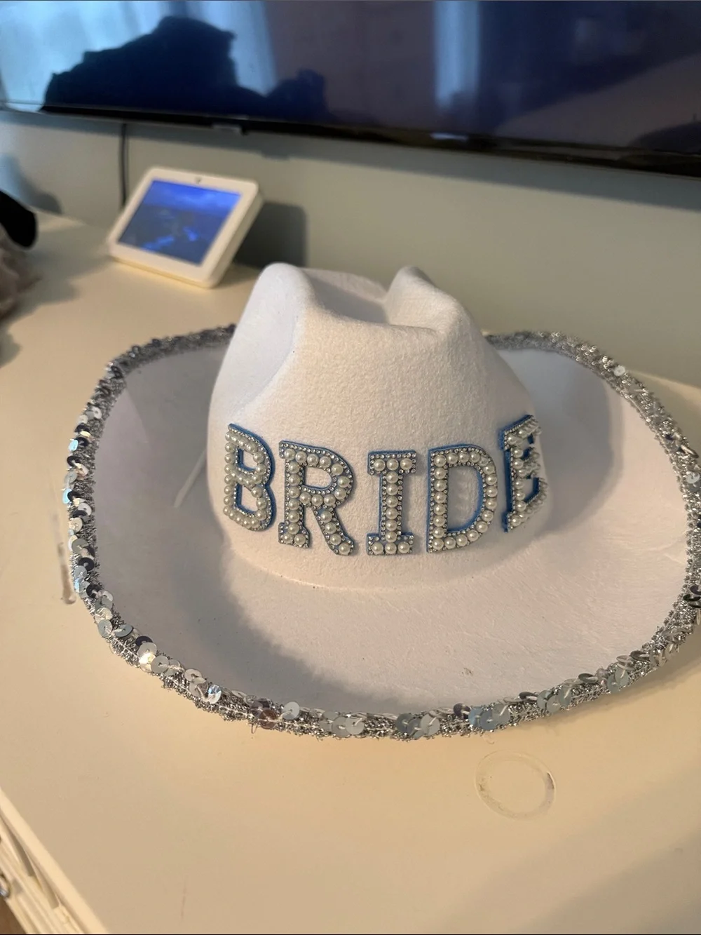 Bride White Sequin Trim Party Cowboy Hat